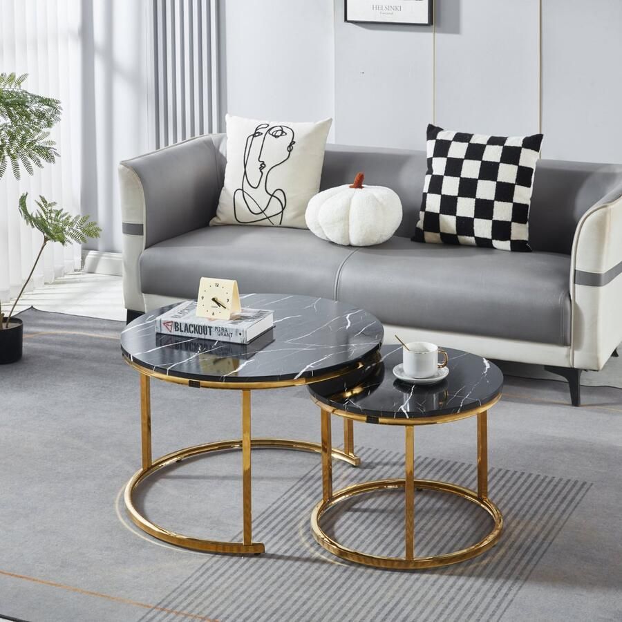 EleganceEssentials Salontafel Ronde Salontafels Zwart Marmer set van 2 – Bijzettafel Glans Goud – Salontafel Rond MDF Marmerlook Ø70 & Ø50cm