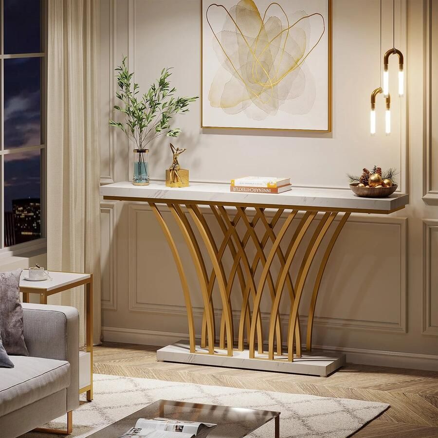 Merktafel Romantische Marmeren Bijzet Tafel met Gouden Onderstel 150x 80x30 cm Console Table Moderne Gouden Muur Tafel Haltafel Wandtafel met Rastervormig Metalen Onderstel Ideaal voor Ingang Gang en Entree Wit Goud Marmer 150x80x30cm Stabiel- MDF - Foto 2