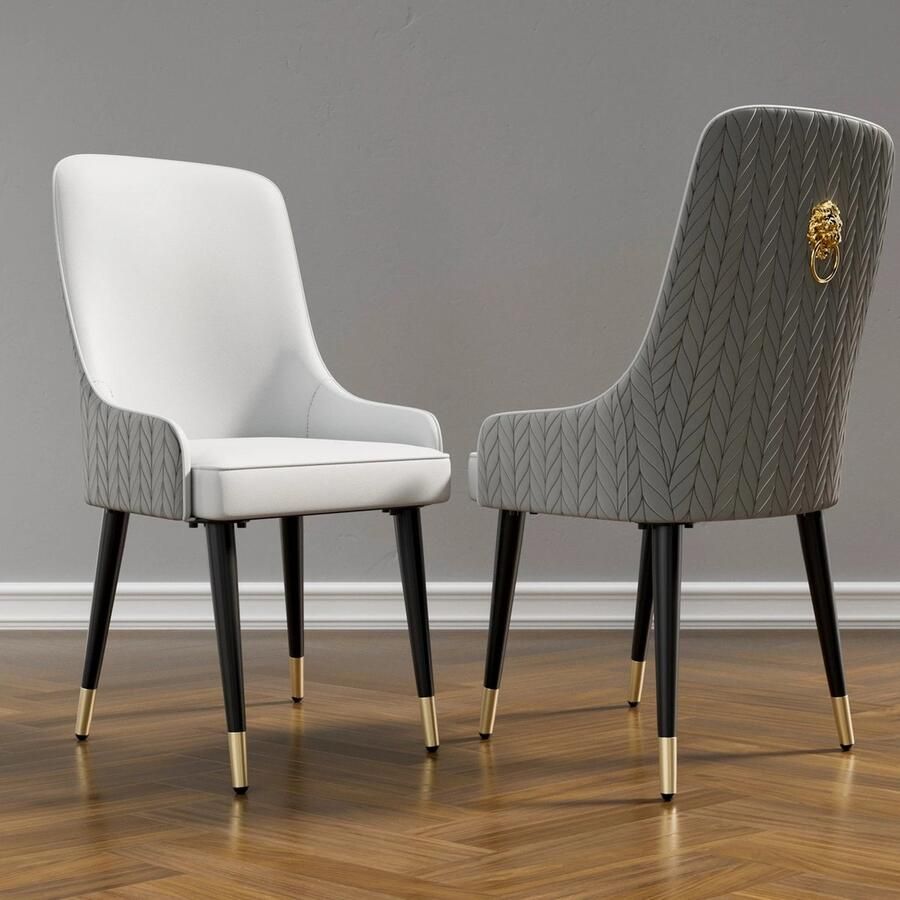 Eleganza Maison Set van 2 Moderne Lederen Eetkamerstoelen Luxe Stoelen Hoge Getufte Rug met Leeuwenkop Trekring en Metalen Poten 43.5x43.5x90cm