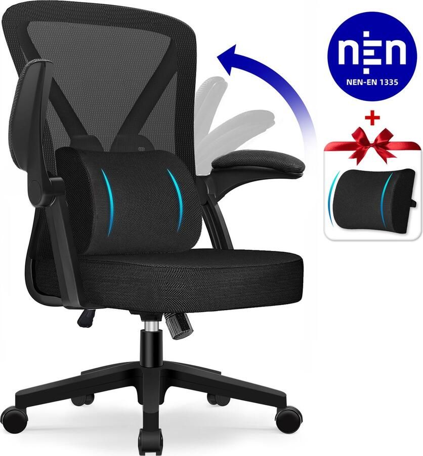 Elekiatech Ergonomische Bureaustoel Opklapbare Armleuningen Bureaustoelen voor Volwassenen-150 Kg-Zwart