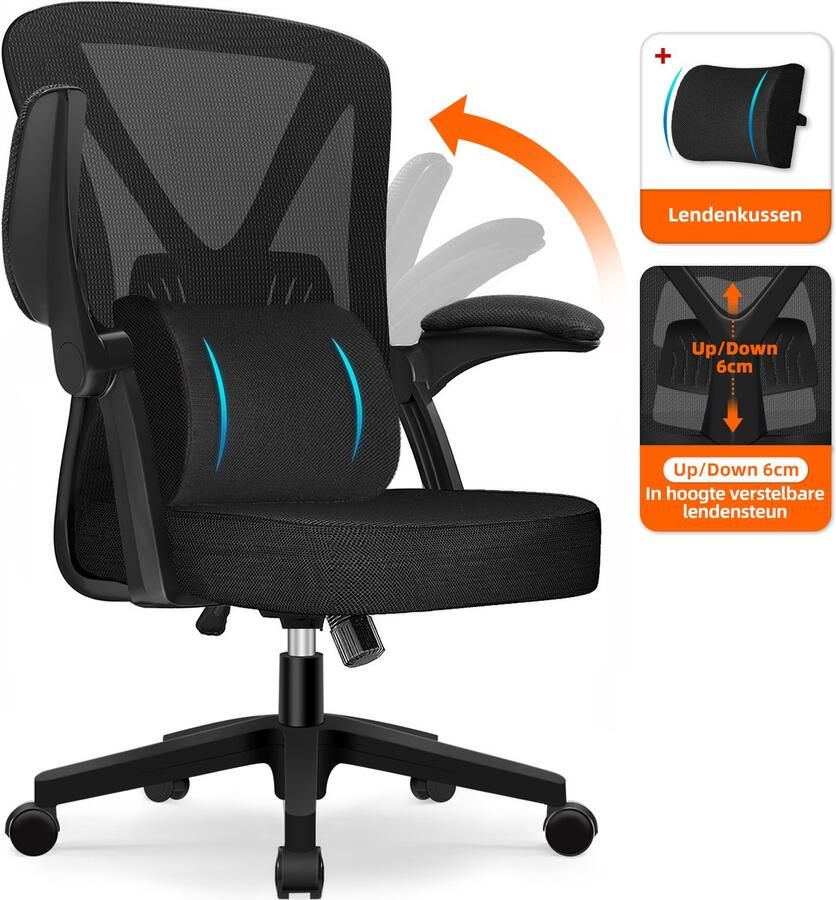 Elekiatech Ergonomische Bureaustoel Opklapbare Armleuningen Bureaustoelen voor Volwassenen 150 Kg Zwart