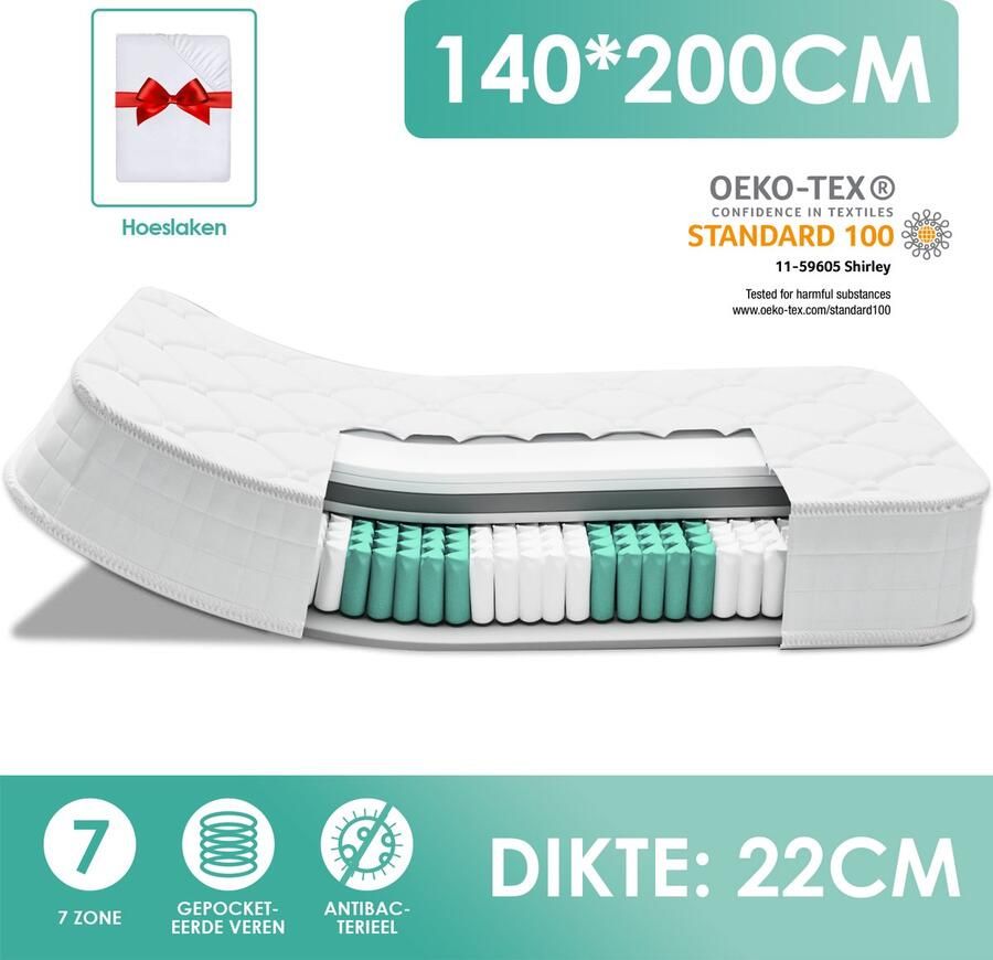 Elekiatech Matras 140 x 200 cm 22 cm Dik Eenpersoonsmatrassen-Latex Pocketvering Matras Anti-Allergische met 9- laags Composietstructuur - Foto 5