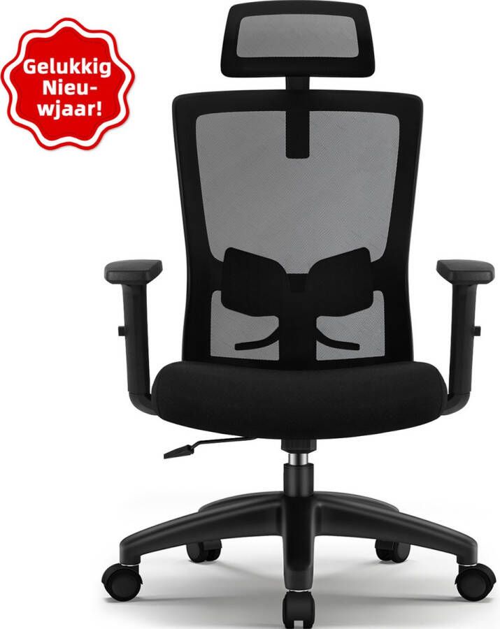Elekiatech Ergonomische Bureaustoel Bureaustoelen voor Volwassenen met Verstelbare Hoofdsteun Armleuningen en Lendensteun 150 Kg Zwart