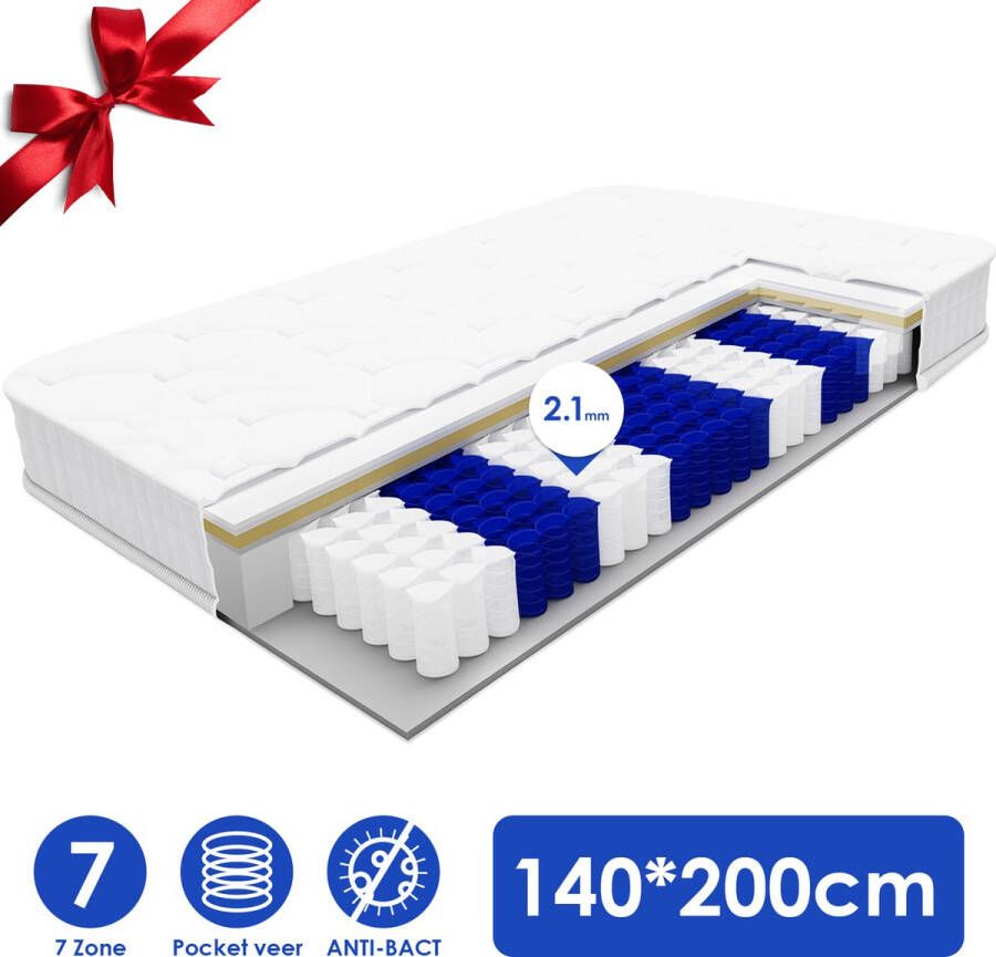 Elekiatech Matras 140 x 200 x 25 cm Tweepersoonsmatrassen 7 Zones Pocketvering Anti-allergische