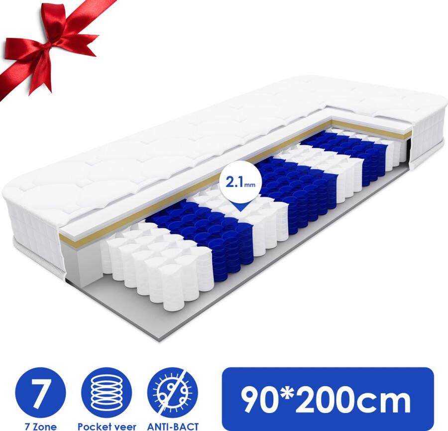 Elekiatech Matras 90 x 200 cm 25 cm Dikte Eenpersoonsmatrassen 7 Zones Pocketvering Anti-allergische Premium Plus Tijk