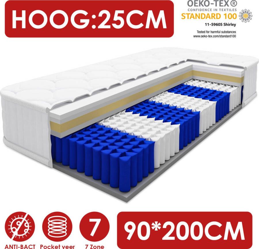 Elekiatech Matras 90 x 200 x25 cm Eenpersoonsmatrassen 7 Zones Pocketvering Anti-Allergische