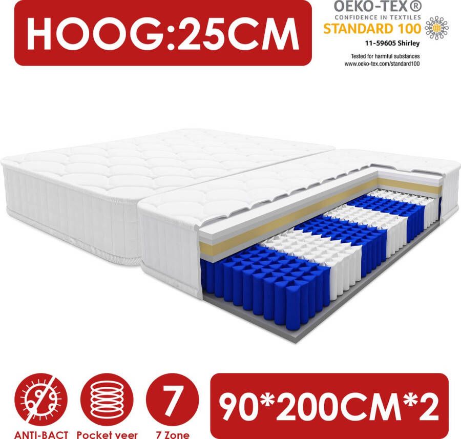Elekiatech Matras 90 x 200 x25 cm Eenpersoonsmatrassen 7 Zones Pocketvering Anti-Allergische Set van 2