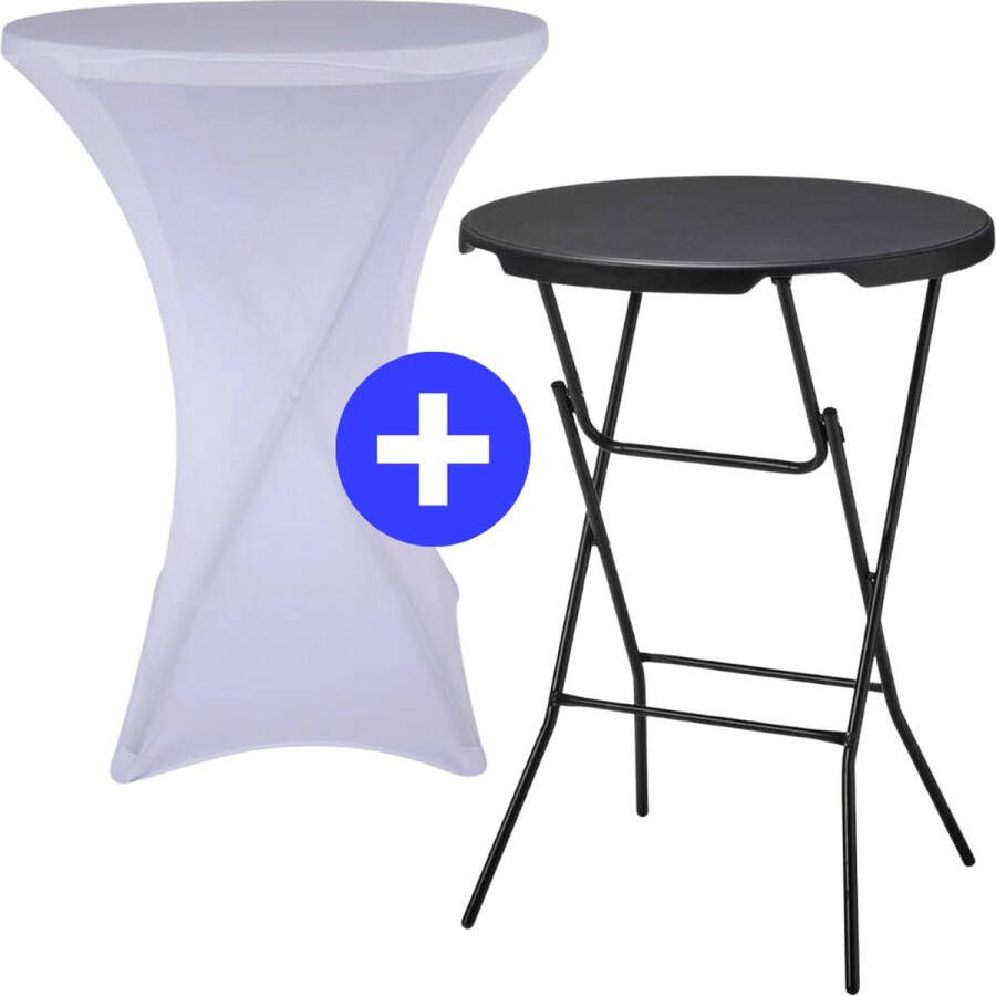 ElixPro 1x Zwarte Statafel + 1x Witte Statafelrok Partytafel Staantafel Weerbestendig en Robuust Cocktailtafel Partytafel Hoge Staan Tafel 80x110cm Klaptafel Inklapbaar Zwart