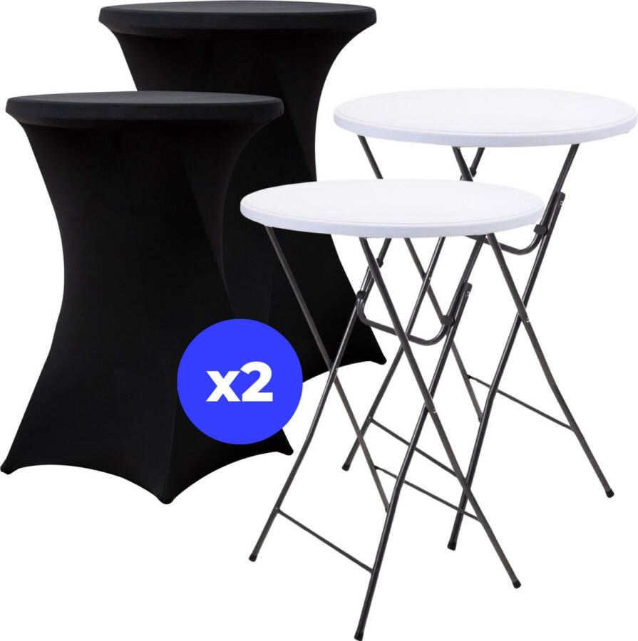 ElixPro 2x Wit Statafel + 2x Zwarte Statafelrok Partytafel Staantafel Weerbestendig en Robuust Cocktailtafel Partytafel Hoge Staan Tafel 80x110cm Klaptafel Inklapbaar Wit
