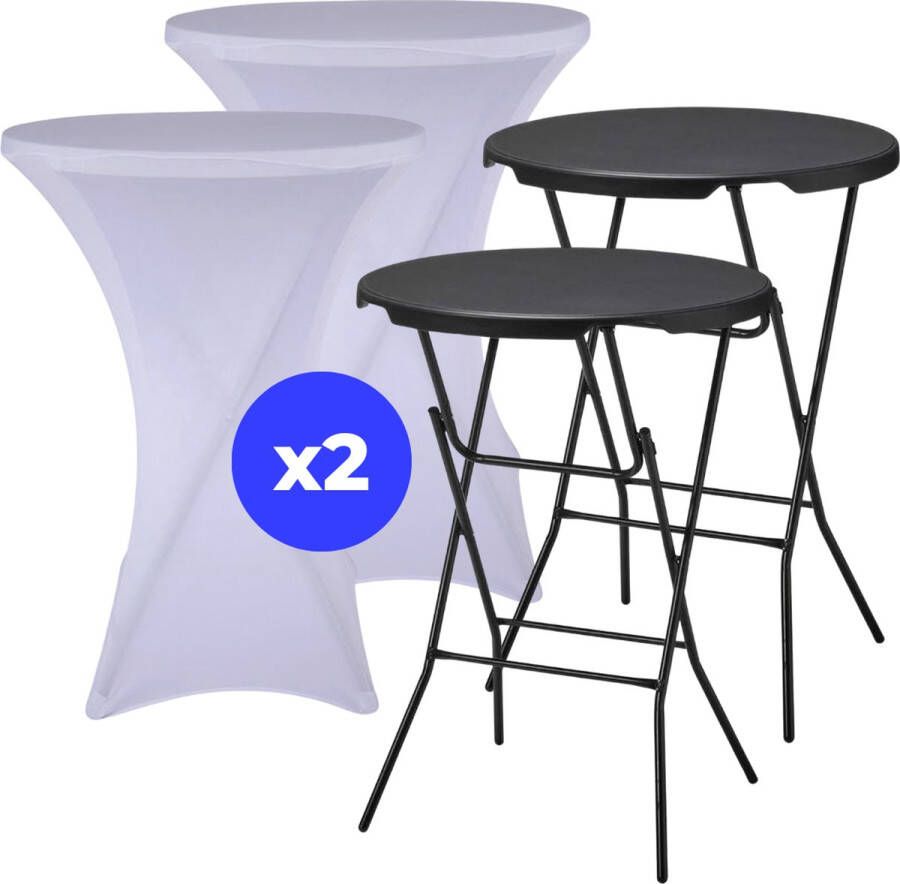 ElixPro 2x Zwarte Statafel + 2x Witte Statafelrok Partytafel Staantafel Weerbestendig en Robuust Cocktailtafel Partytafel Hoge Staan Tafel 80x110cm Klaptafel Inklapbaar Zwart