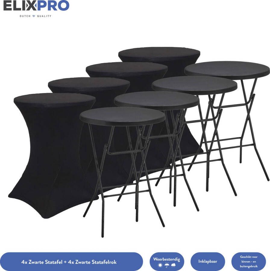 ElixPro 4x Statafel + 4x Zwarte Statafelrok Partytafel Weerbestendig en Robuust 80x110cm Inklapbaar Zwart