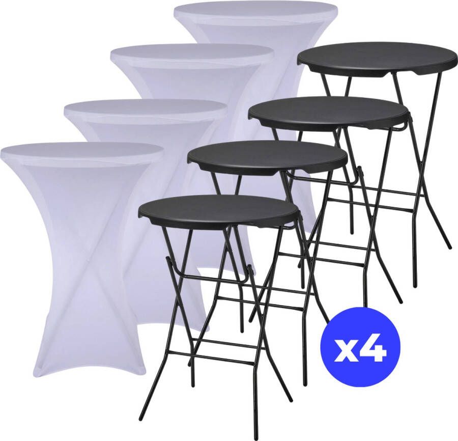 ElixPro 4x Zwarte Statafel + 4x witte Statafelrok Partytafel Staantafel Weerbestendig en Robuust Cocktailtafel Partytafel Hoge Staan Tafel 80x110cm Klaptafel Inklapbaar Zwart