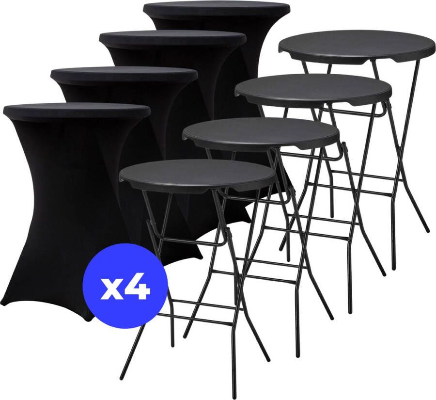 ElixPro 4x Zwarte Statafel + 4x Zwarte Statafelrok Partytafel Staantafel Weerbestendig en Robuust Cocktailtafel Partytafel Hoge Staan Tafel 80x110cm Klaptafel Inklapbaar Zwart