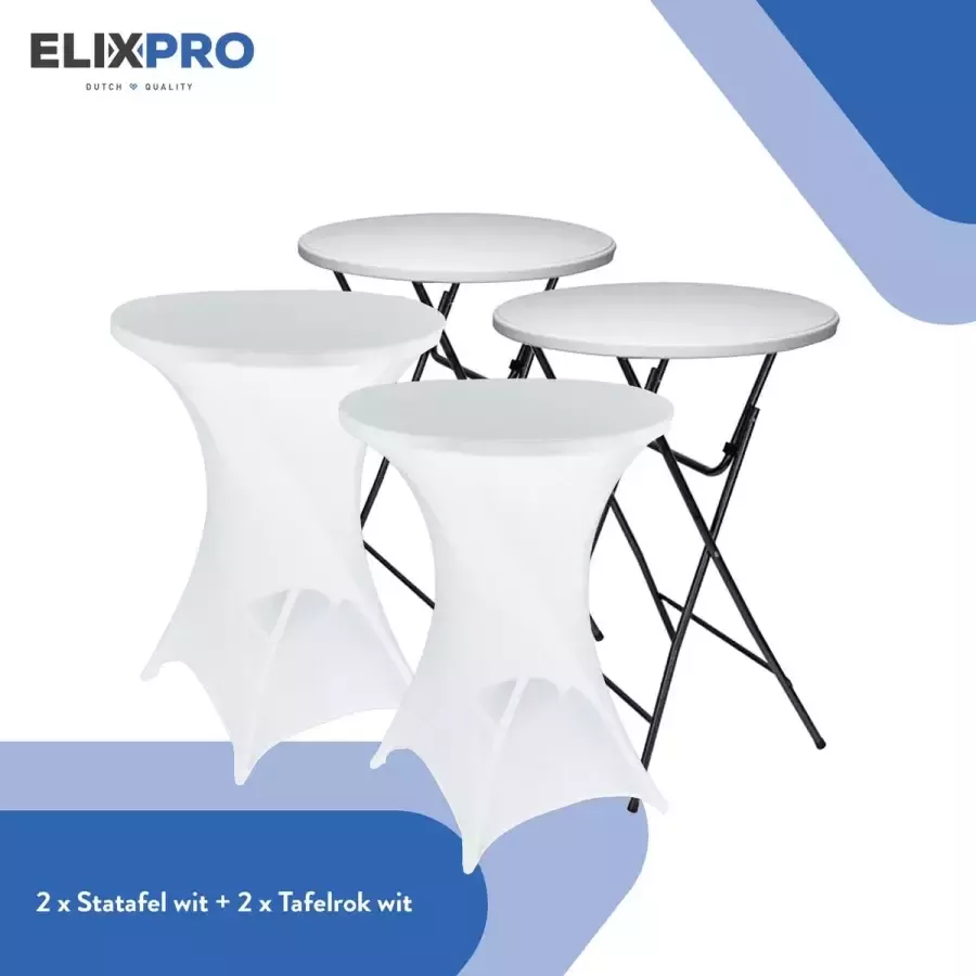 ElixPro Stevig robuuste statafel 2x Statafel set party tafel cocktail tafel inklapbaar Wit 80 X 110 Incl. 2x witte statafel rok