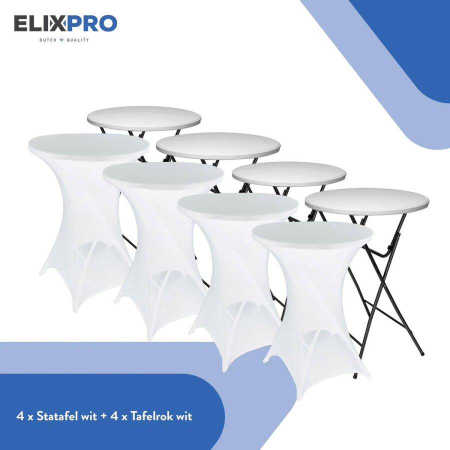 ElixPro Stevig robuuste statafel 4x Statafel set party tafel cocktail tafel inklapbaar Wit 80 X 110 Incl. 4x zwarte statafel rok