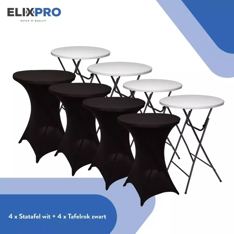 ElixPro Stevig robuuste statafel 4x Statafel set party tafel cocktail tafel inklapbaar Wit 80 X 110 Incl. 4x zwarte statafel rok