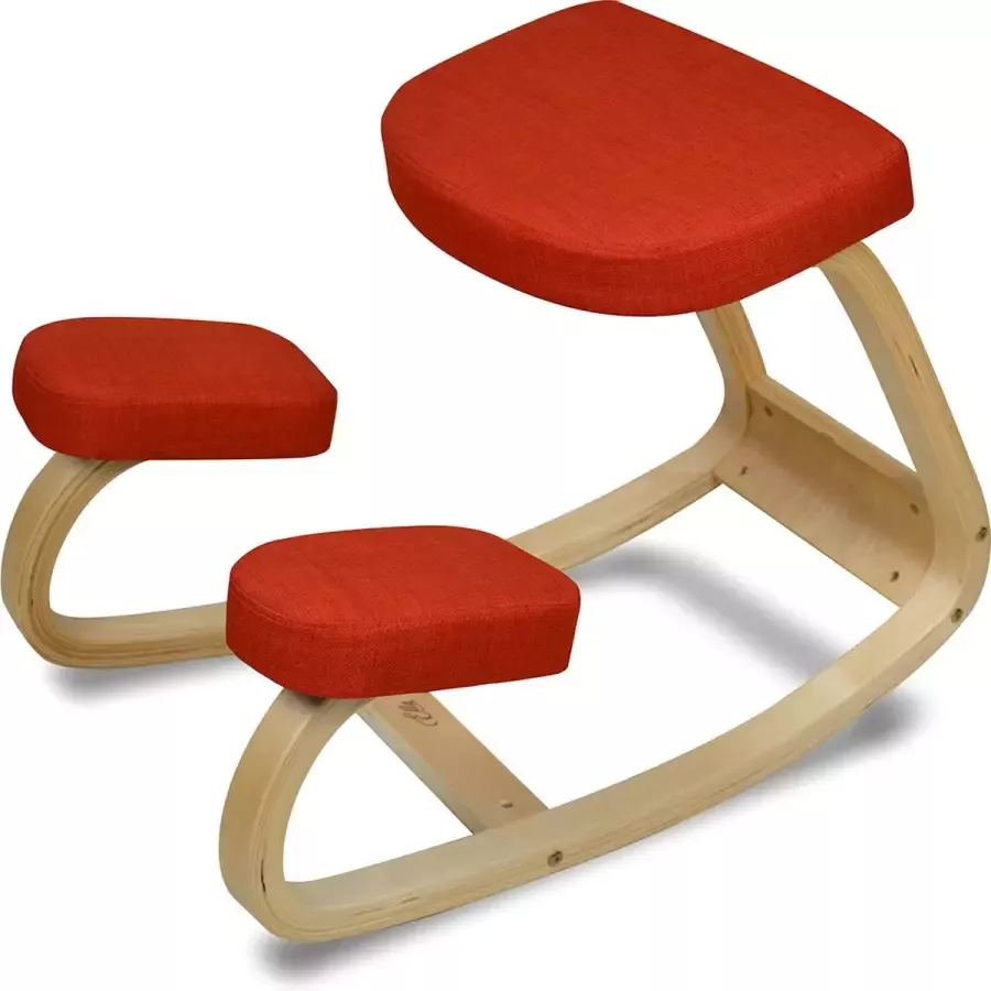 Backerz Kniestoel Ergochair Ergonomische werkkruk en Bureaustoel Werkkruk Max 130kg Naturel Hout & Roodoranje Linnen