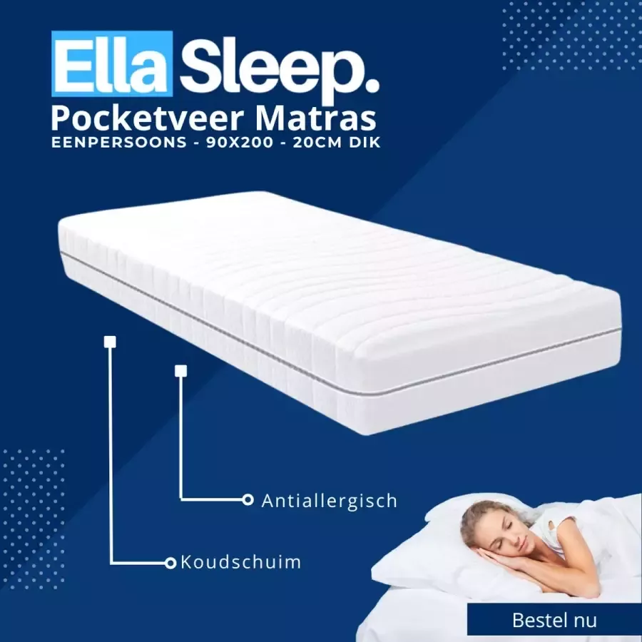Ella-Sleep Saffier 7 Zone Eenpersoons 90x200 Pocketveer matras Anti-allergisch Koudschuim