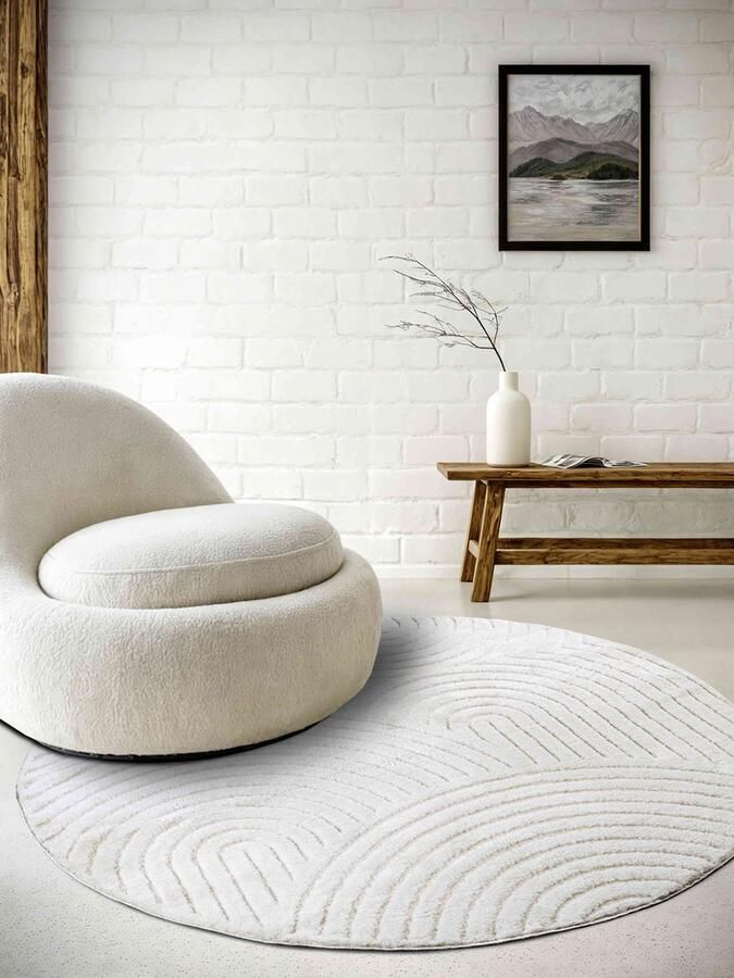 Elle Decoration Flycarpets Japandi vloerkleed laagpolig New York Design Panglao Wit 160cm rond Ø