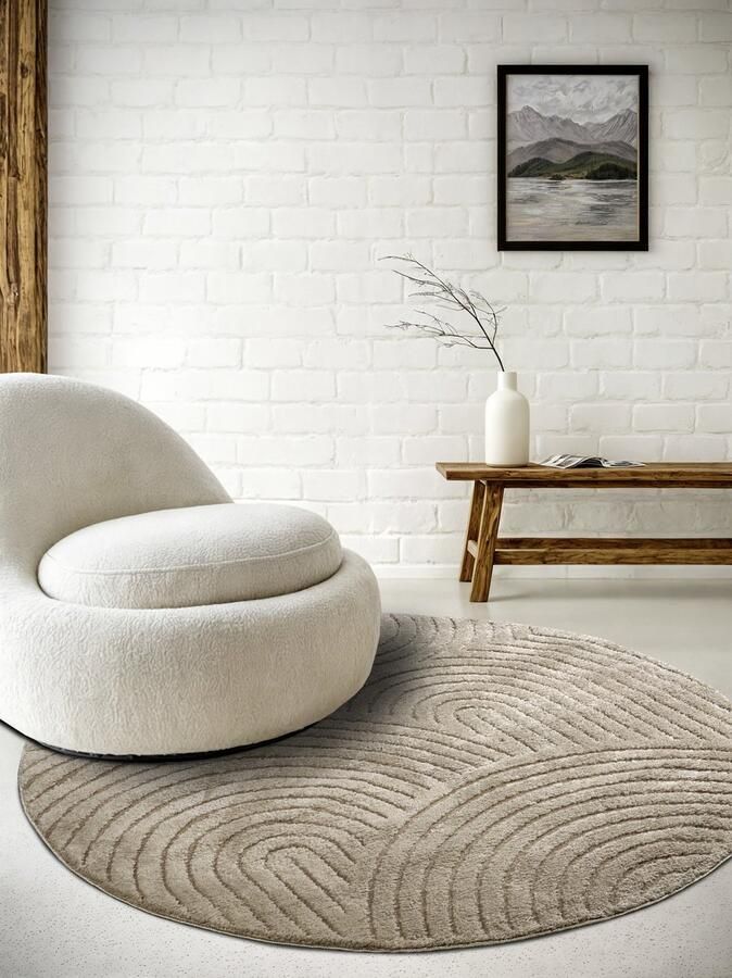Elle Decoration Flycarpets Rond Japandi vloerkleed laagpolig New York Design Panglao Taupe 160cm rond Ø