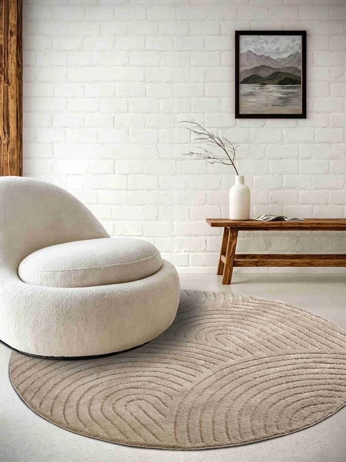 Elle Decoration Flycarpets Rond Japandi vloerkleed laagpolig New York Design Panglao Beige 200cm rond Ø