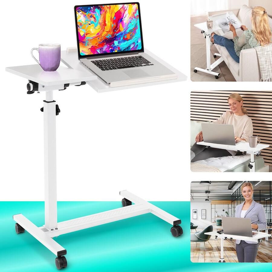 ELONEO laptoptafel op wielen bureau computertafel zorgtafel in hoogte verstelbaar kantelbare tafelblad multifunctionele bijzettafel voor bed bank fauteuil laptopstandaard wit