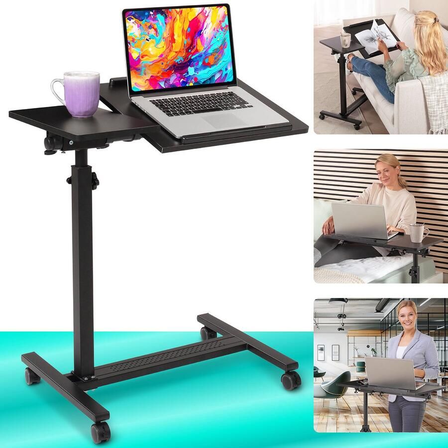 ELONEO laptoptafel op wielen bureau computertafel zorgtafel in hoogte verstelbaar kantelbare tafelblad multifunctionele bijzettafel voor bed bank fauteuil laptopstandaard zwart