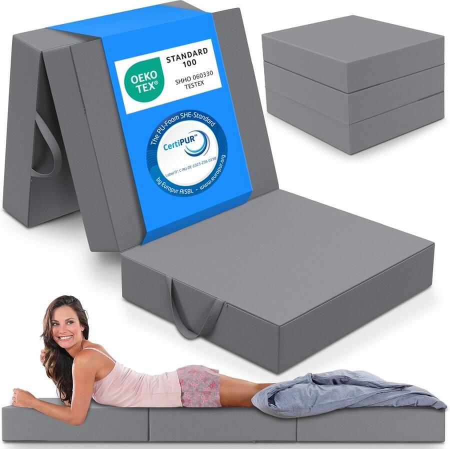 ELONEO Opvouwbaar Matras 3-Delig Vouwmatras Extra Dik 15 cm Schuim Wasbaar en Draagbaar Logeermatras voor Volwassenen Eenpersoonsbed (Grijs 75 x 195 x 15 cm)