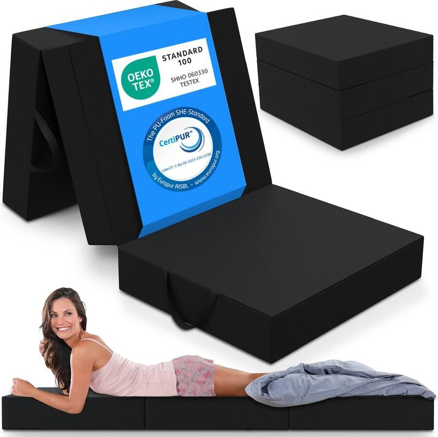 ELONEO Opvouwbaar Matras 3-Delig Vouwmatras Extra Dik 15 cm Schuim Wasbaar en Draagbaar Logeermatras voor Volwassenen Eenpersoonsbed (Zwart 90 x 200 x 15 cm)