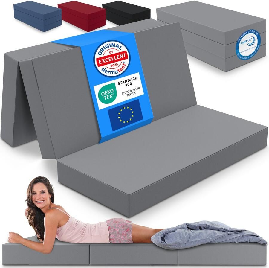 ELONEO Opvouwbaar Matras 3-Delig Vouwmatras Extra Dik 15 cm Schuim Wasbaar en Draagbaar Logeermatras voor Volwassenen Tweepersoonsbed (Grijs 140 x 200 x 15 cm)