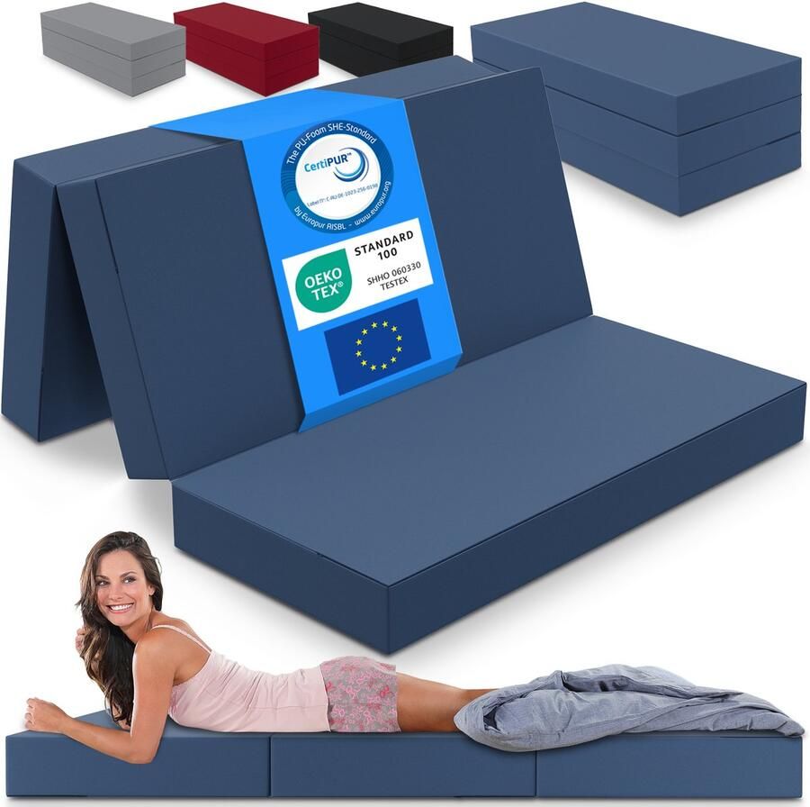 ELONEO Opvouwbaar Matras 3-Delig Vouwmatras Extra Dik 15 cm Schuim Wasbaar en Draagbaar Logeermatras voor Volwassenen Tweepersoonsbed (Blauw 140 x 195 x 15 cm)