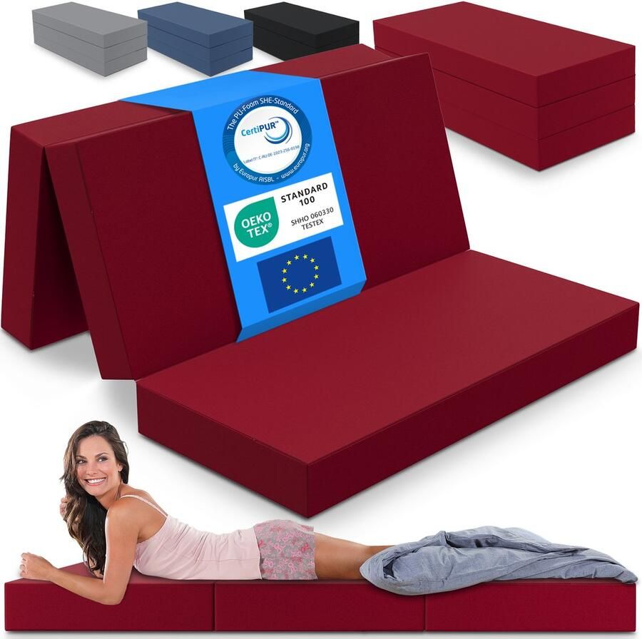 ELONEO Opvouwbaar Matras 3-Delig Vouwmatras Extra Dik 15 cm Schuim Wasbaar en Draagbaar Logeermatras voor Volwassenen Tweepersoonsbed (Rood 140 x 195 x 15 cm)