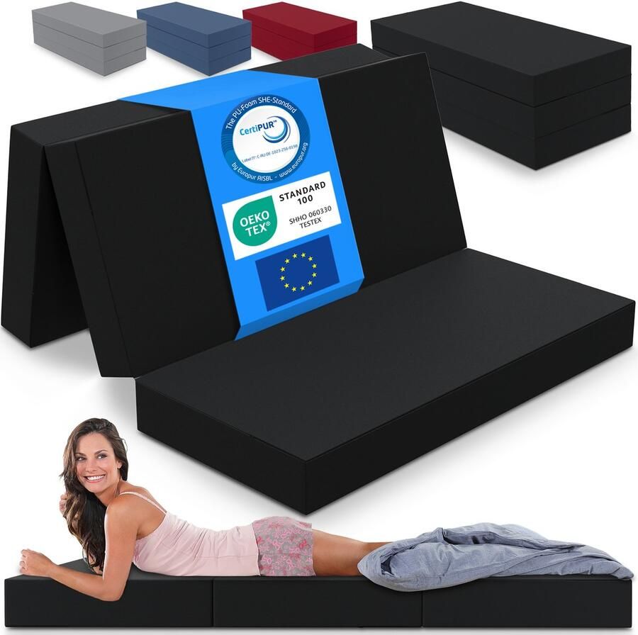 ELONEO Opvouwbaar Matras 3-Delig Vouwmatras Extra Dik 15 cm Schuim Wasbaar en Draagbaar Logeermatras voor Volwassenen Tweepersoonsbed (Zwart 120 x 195 x 15 cm)