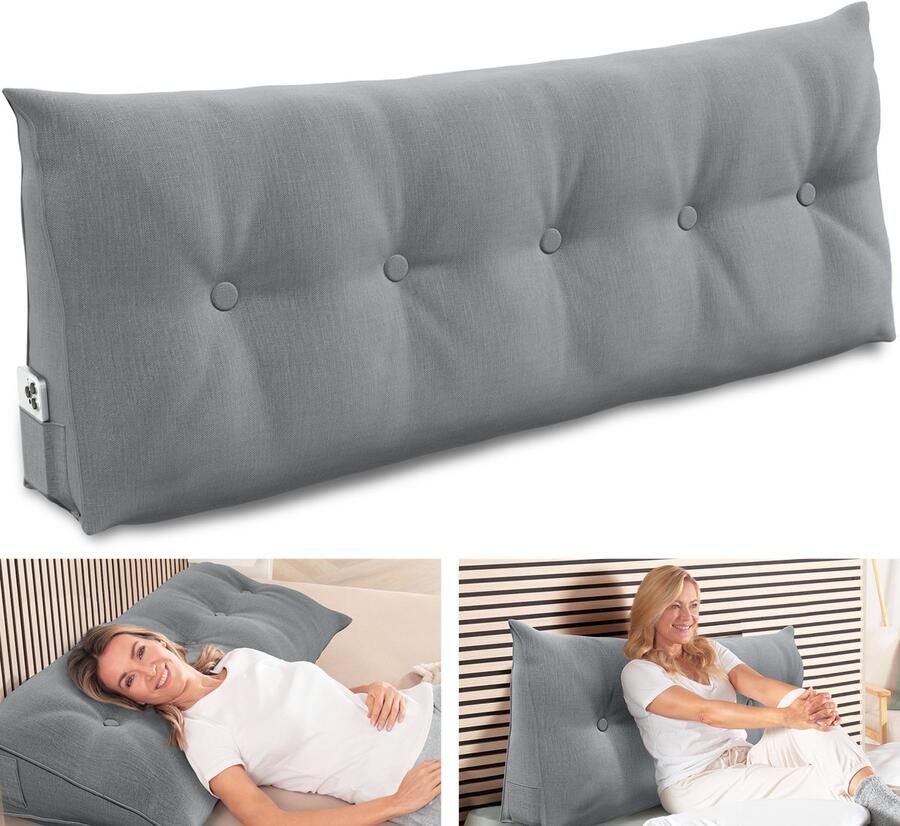 ELONEO Rugsteunkussen Driehoekig Wigkussen en Hoofdbordkussen voor Bed en Sofa Afneembare en Wasbare Hoes Praktisch Zijvak 140 cm Breed