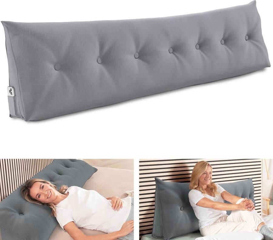 ELONEO Rugsteunkussen Driehoekig Wigkussen en Hoofdbordkussen voor Bed en Sofa Afneembare en Wasbare Hoes Praktisch Zijvak 200 cm Breed