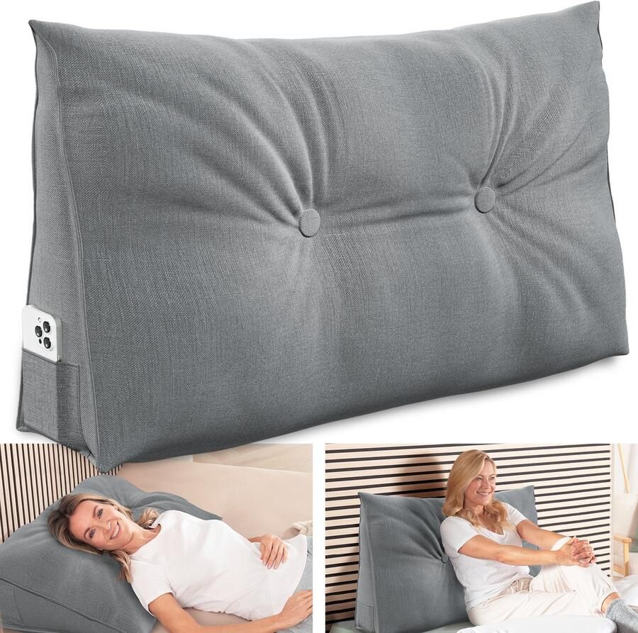 ELONEO Rugsteunkussen Driehoekig Wigkussen en Hoofdbordkussen voor Bed en Sofa Afneembare en Wasbare Hoes Praktisch Zijvak 70 cm Breed