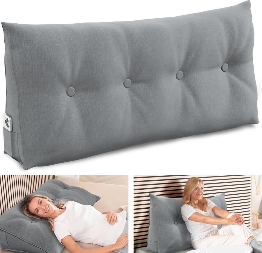 ELONEO Rugsteunkussen Driehoekig Wigkussen en Hoofdbordkussen voor Bed en Sofa Afneembare en Wasbare Hoes Praktisch Zijvak 120 cm Breed