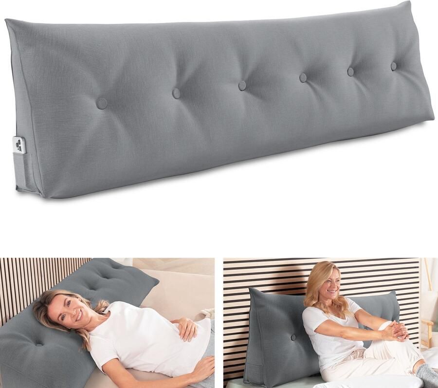 ELONEO Rugsteunkussen Driehoekig Wigkussen en Hoofdbordkussen voor Bed en Sofa Afneembare en Wasbare Hoes Praktisch Zijvak 160 cm Breed