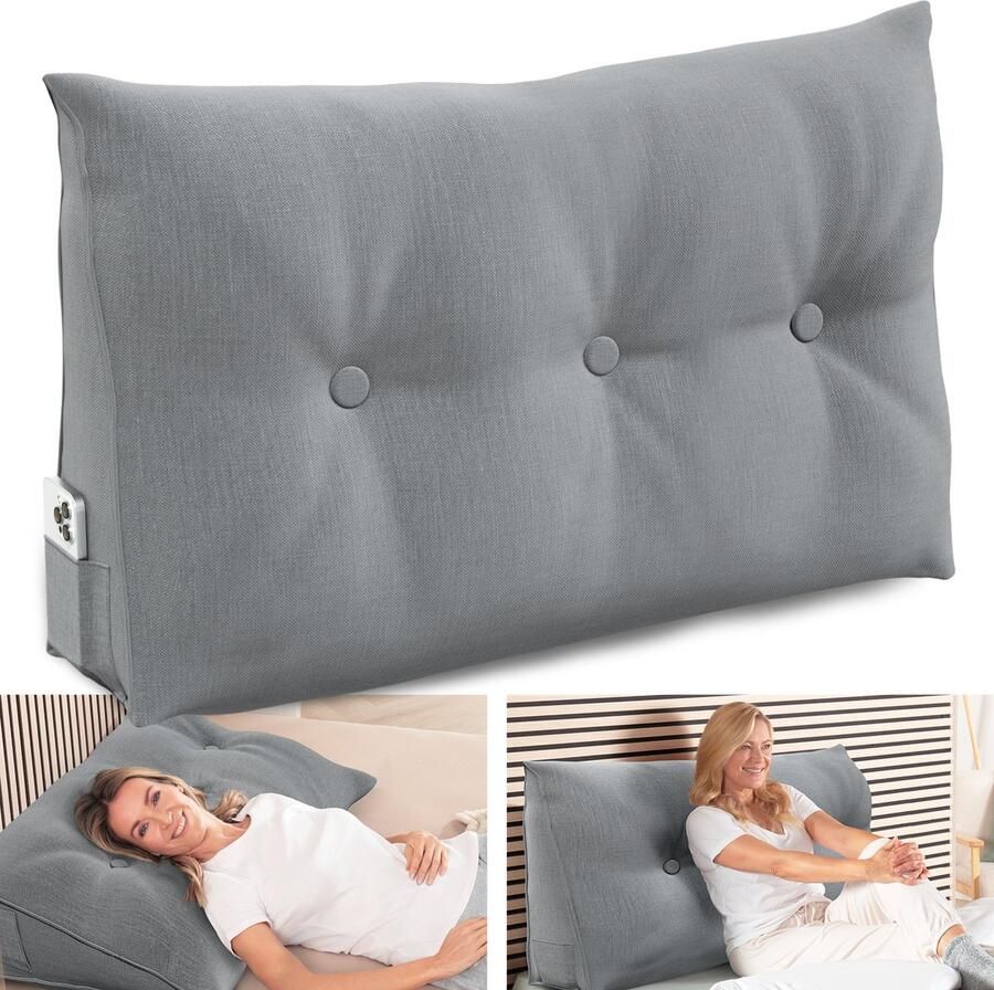 ELONEO Rugsteunkussen Driehoekig Wigkussen en Hoofdbordkussen voor Bed en Sofa Afneembare en Wasbare Hoes Praktisch Zijvak 100 cm Breed