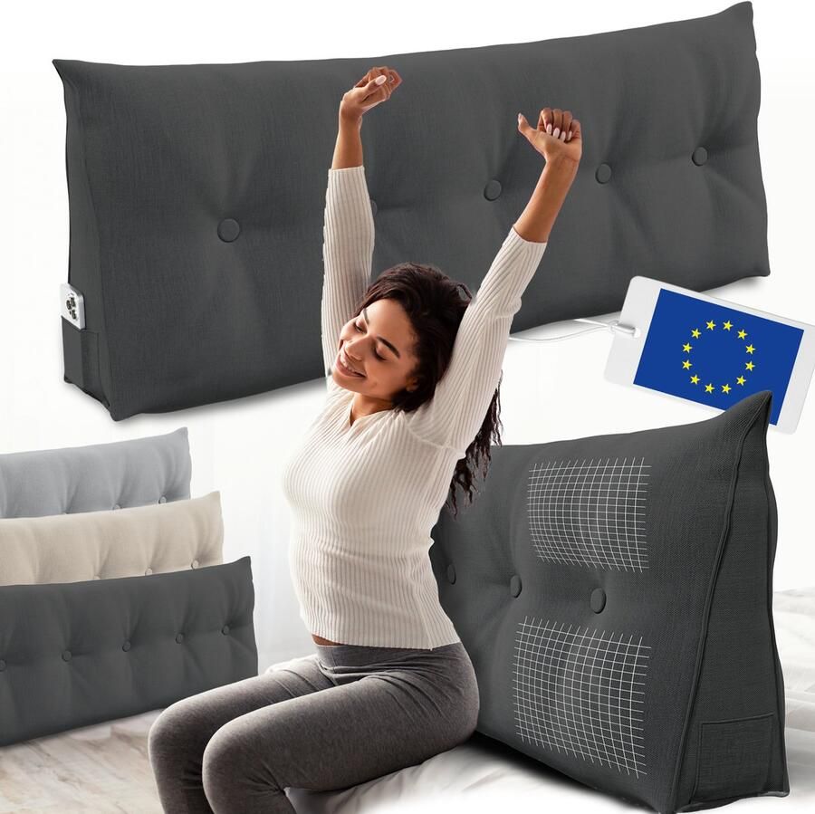 ELONEO Rugsteunkussen – Driehoekig Wigkussen & Hoofdbordkussen voor Bed of Sofa Wasbare Hoes 140 cm