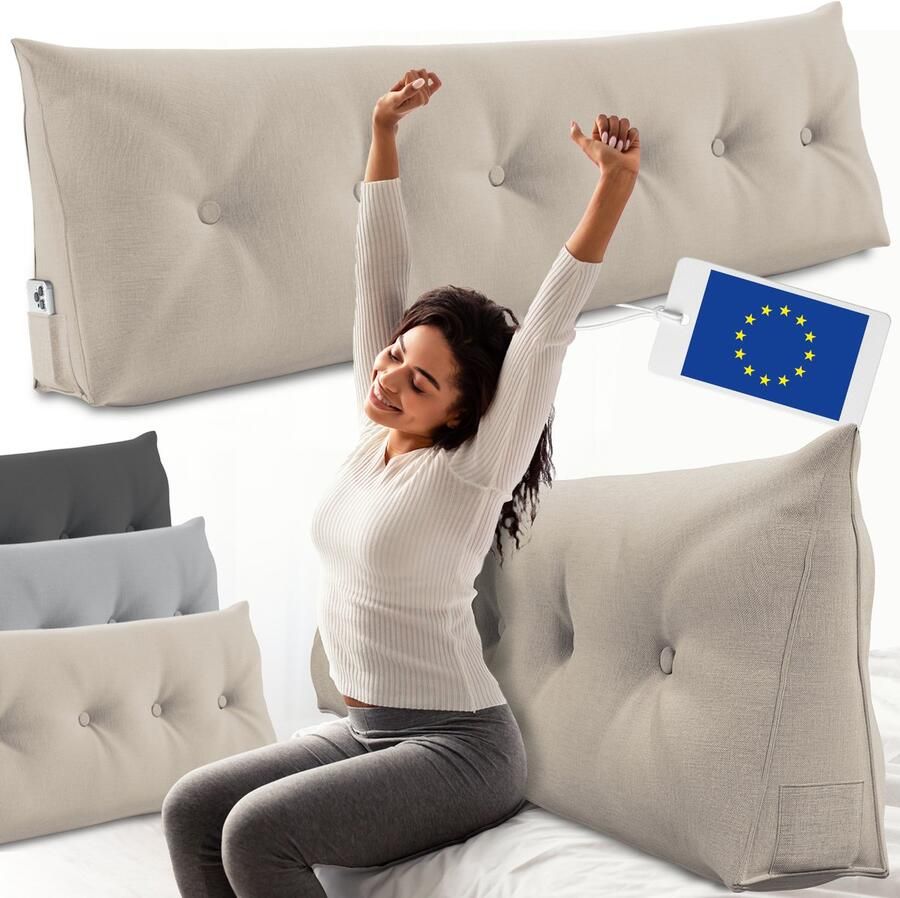 ELONEO Rugsteunkussen – Driehoekig Wigkussen & Hoofdbordkussen voor Bed of Sofa Wasbare Hoes 180 cm