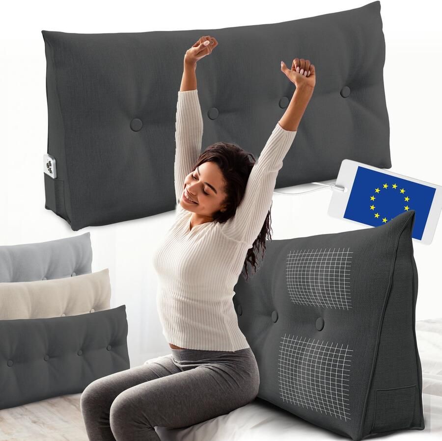 ELONEO Rugsteunkussen – Driehoekig Wigkussen & Hoofdbordkussen voor Bed of Sofa Wasbare Hoes 120 cm