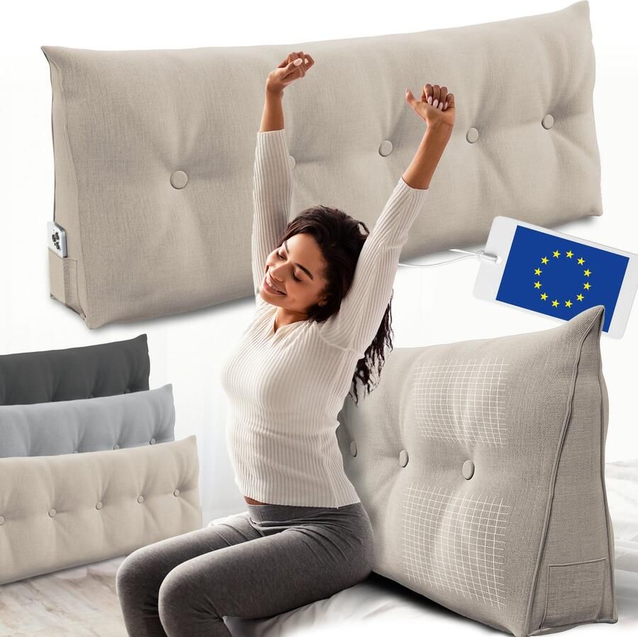 ELONEO Rugsteunkussen – Driehoekig Wigkussen & Hoofdbordkussen voor Bed of Sofa Wasbare Hoes 140 cm