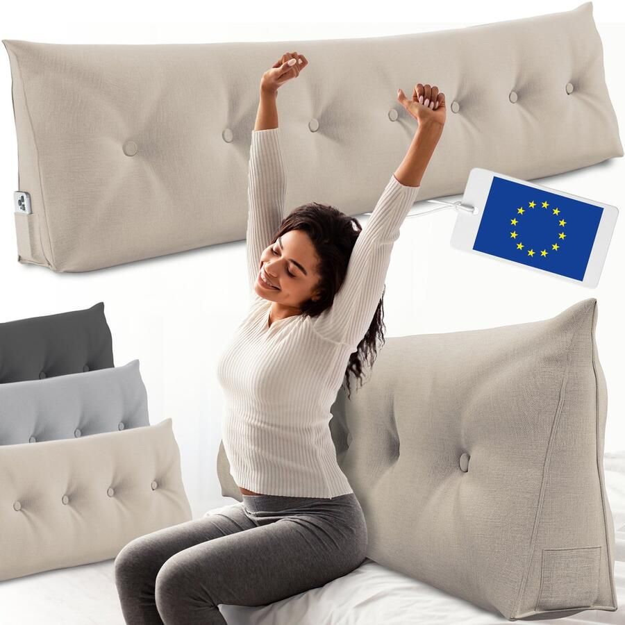 ELONEO Rugsteunkussen – Driehoekig Wigkussen & Hoofdbordkussen voor Bed of Sofa Wasbare Hoes 200 cm