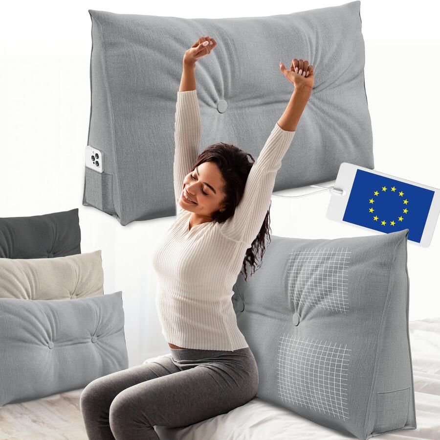 ELONEO Rugsteunkussen Driehoekig Wigkussen en Hoofdbordkussen voor Bed en Sofa Afneembare en Wasbare Hoes Praktisch Zijvak - Foto 3