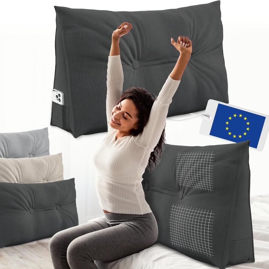 ELONEO Rugsteunkussen – Driehoekig Wigkussen & Hoofdbordkussen voor Bed of Sofa Wasbare Hoes 90 cm