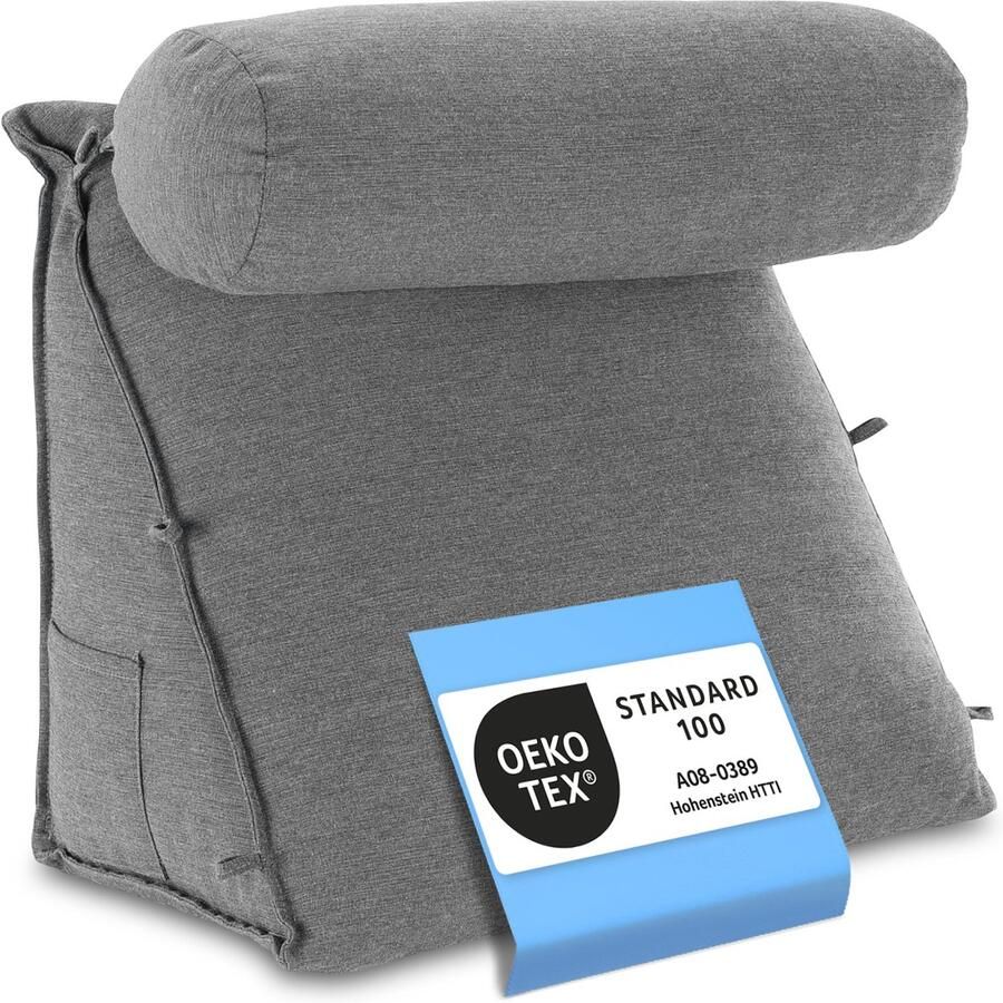 ELONEO Wigkussen Nek- en Rugsteunkussen voor Rechtop Zitten in Bed Lezen of op de Bank met Zijvak en Afneembare Nekrol Wasbare Hoes