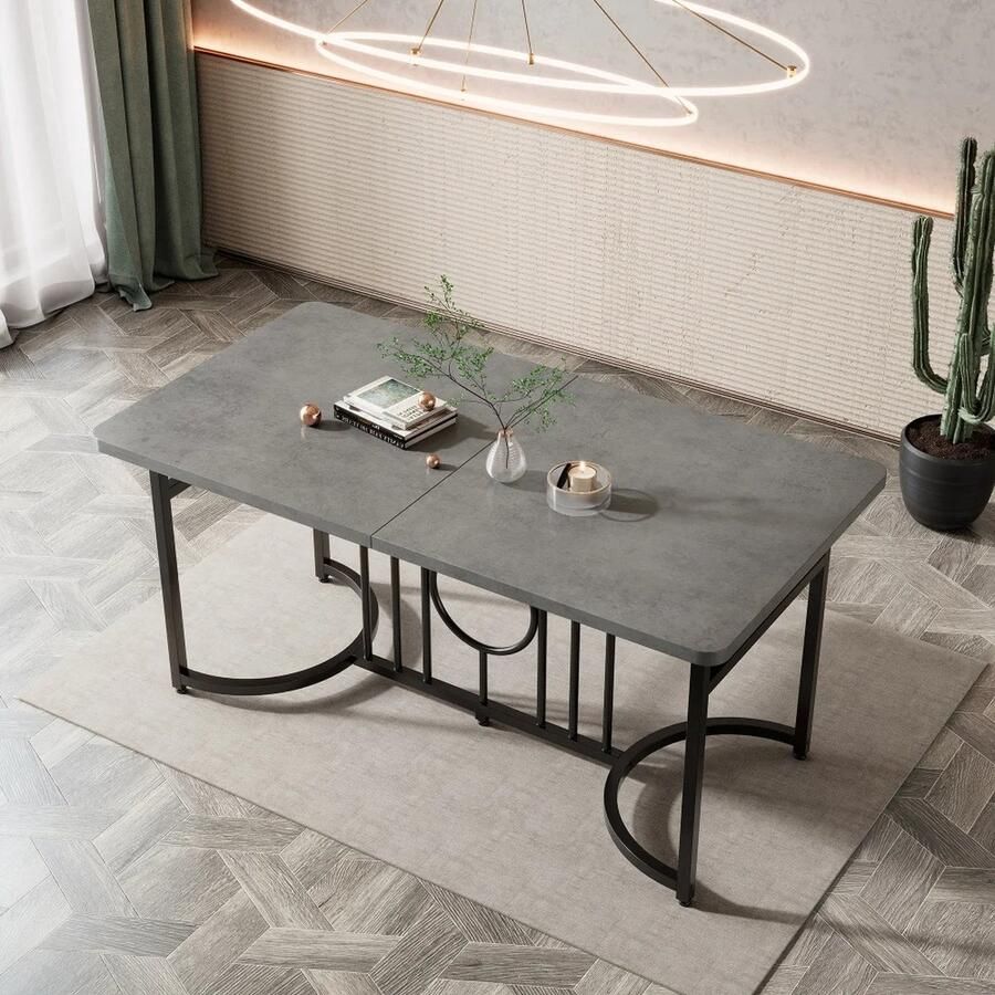 EMBYANCE™ EMBYANCE Minimalistische Eettafel Eetkamertafel Tafel Zwart Betonnen Look Zwarte Metalen Poten 158X76X75cm