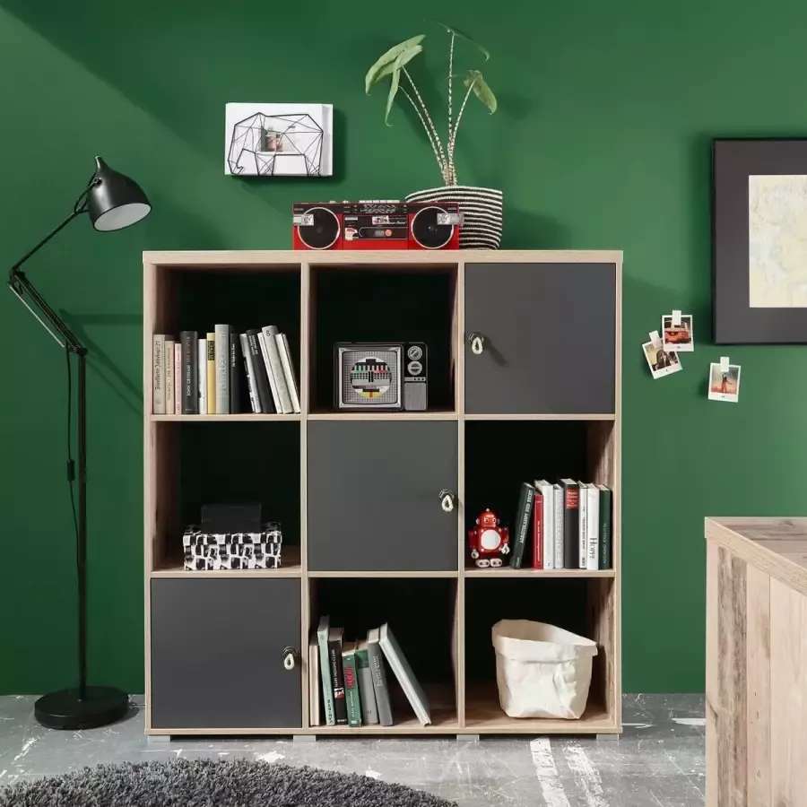 Emob Boekenkast Moleskin met 3 deuren antraciet old style Kinderkasten Bruin; Antraciet Spaanplaat Kinderkasten Op voorraad - Foto 2