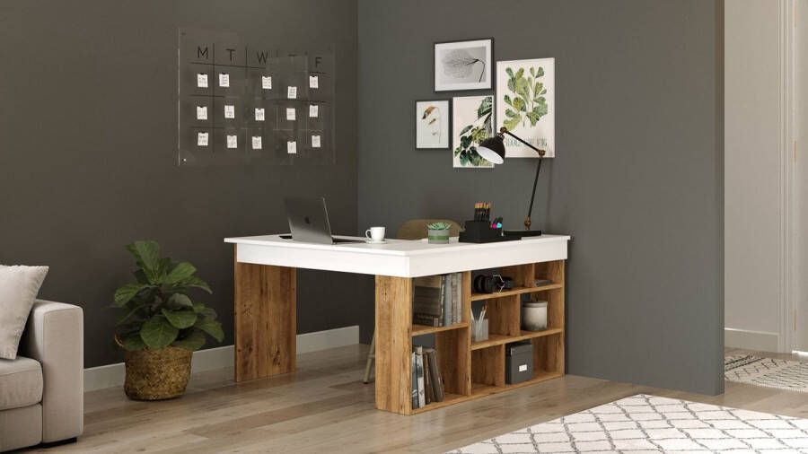 Vente-unique Hoekbureau met opbergruimte Wit en naturel LILEUL L 129 cm x H 72 cm x D 120 cm - Foto 7